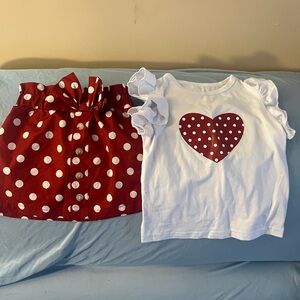 Red Polka Dot Skirt and White Heart Shirt Set